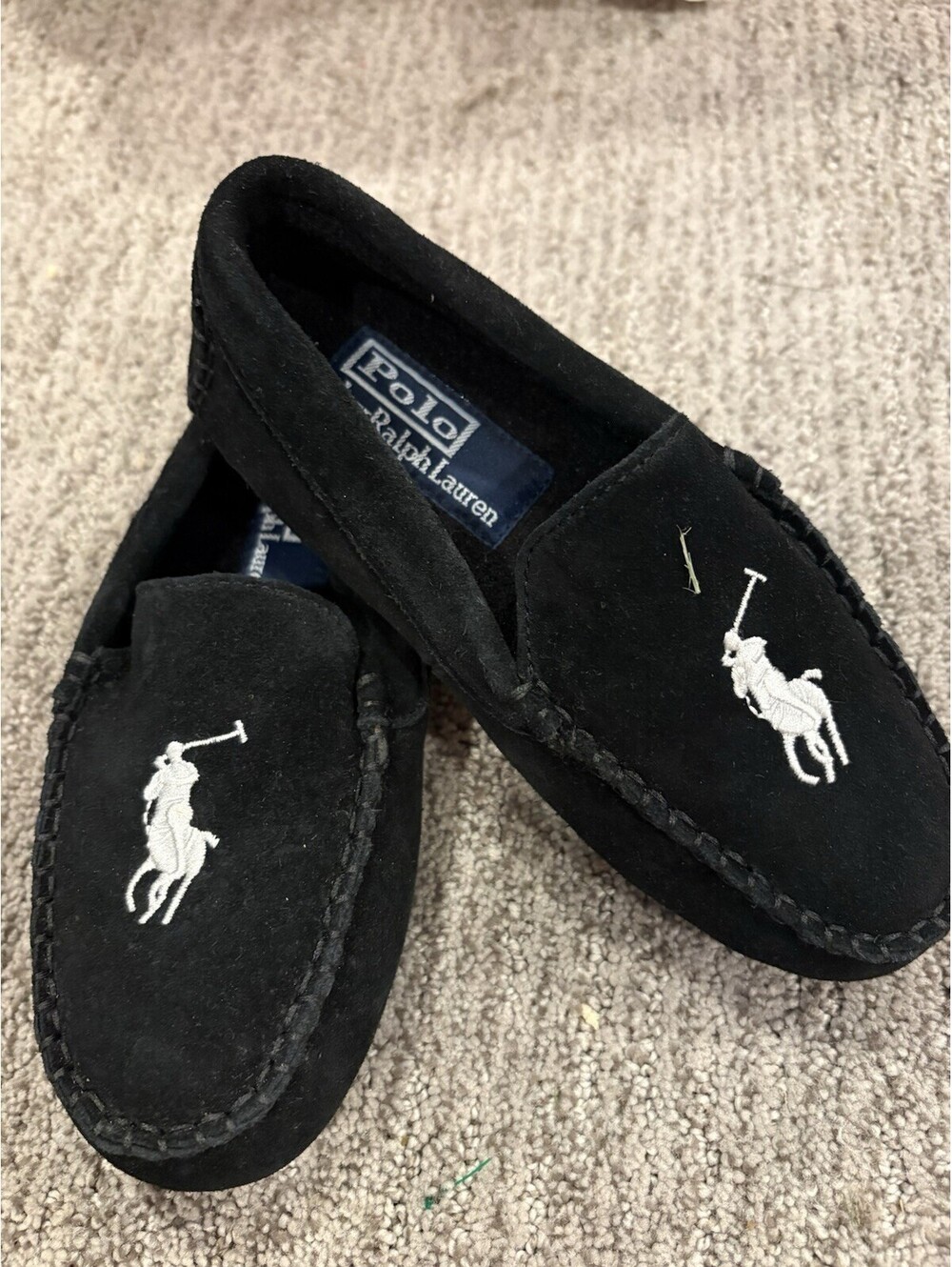 Polo Ralph Lauren Slippers Shoes Kids Size 13 Black Moccasin Fleece Pony Logo